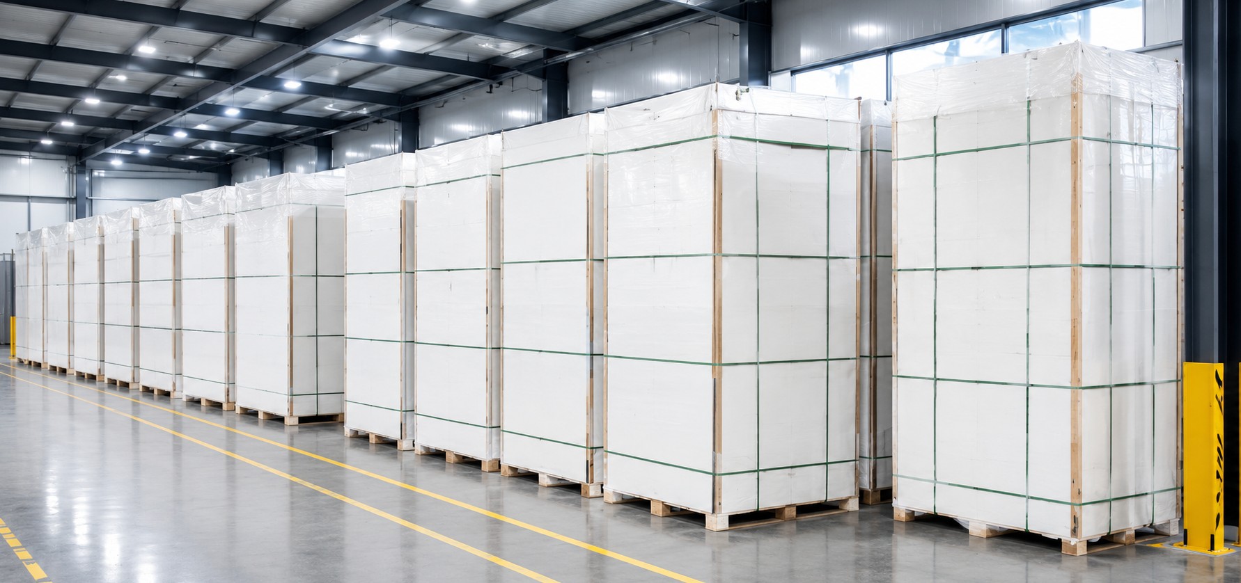 Calcium silicate board warehouse — palletized finished stock, Qingdao