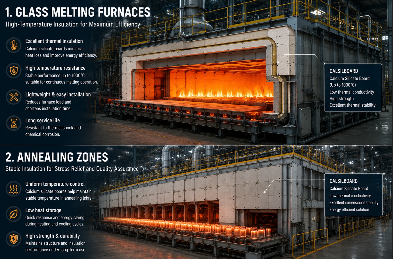 Calcium silicate board lining a glass melting furnace