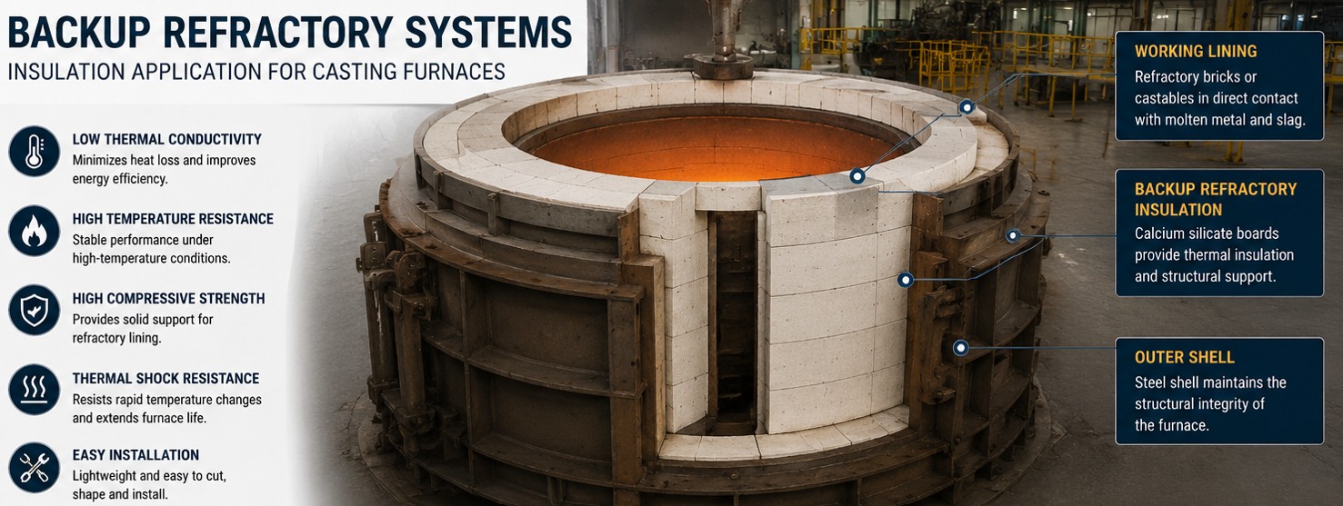 Calcium silicate board around an induction furnace in a foundry