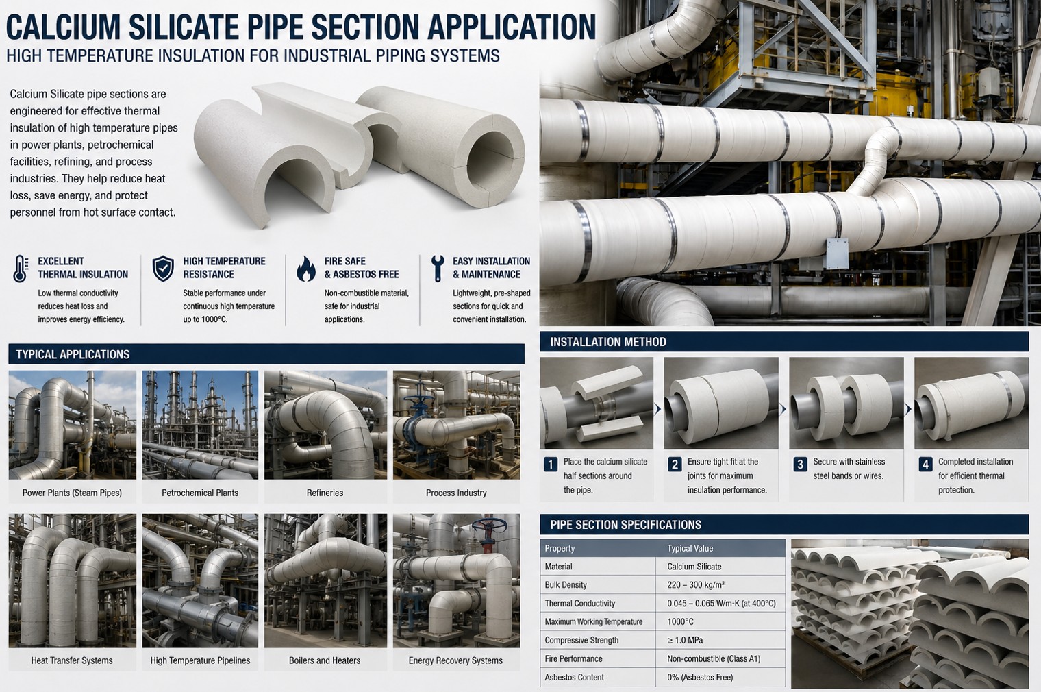 Calcium silicate pipe insulation on industrial piping